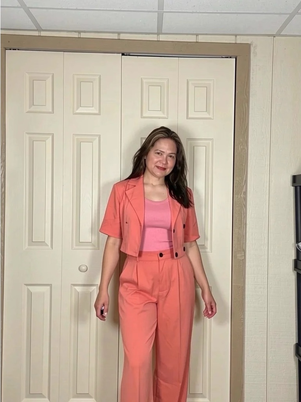 Coral Two-Piece Wide-Leg Pantsuit with Pink Tank